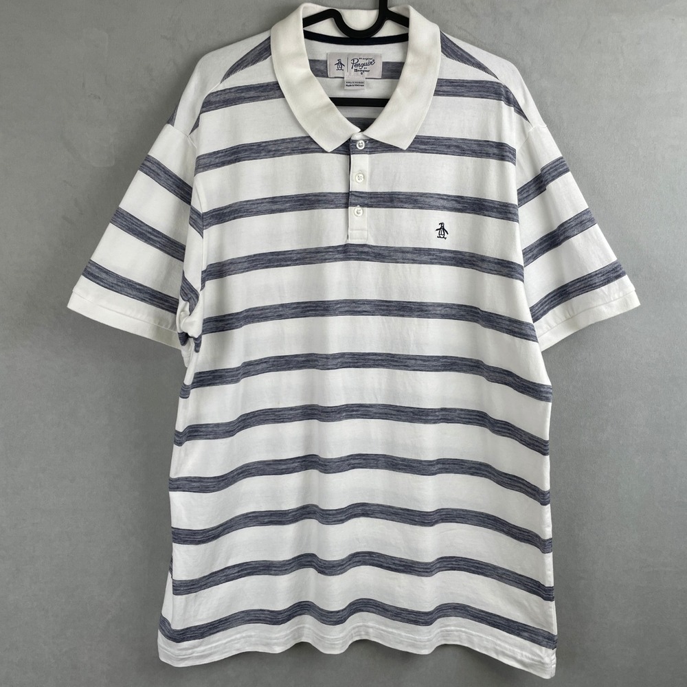 Original Penguin Mens XXL Striped Polo Shirt White Navy Blue Short Sleeve Cotton